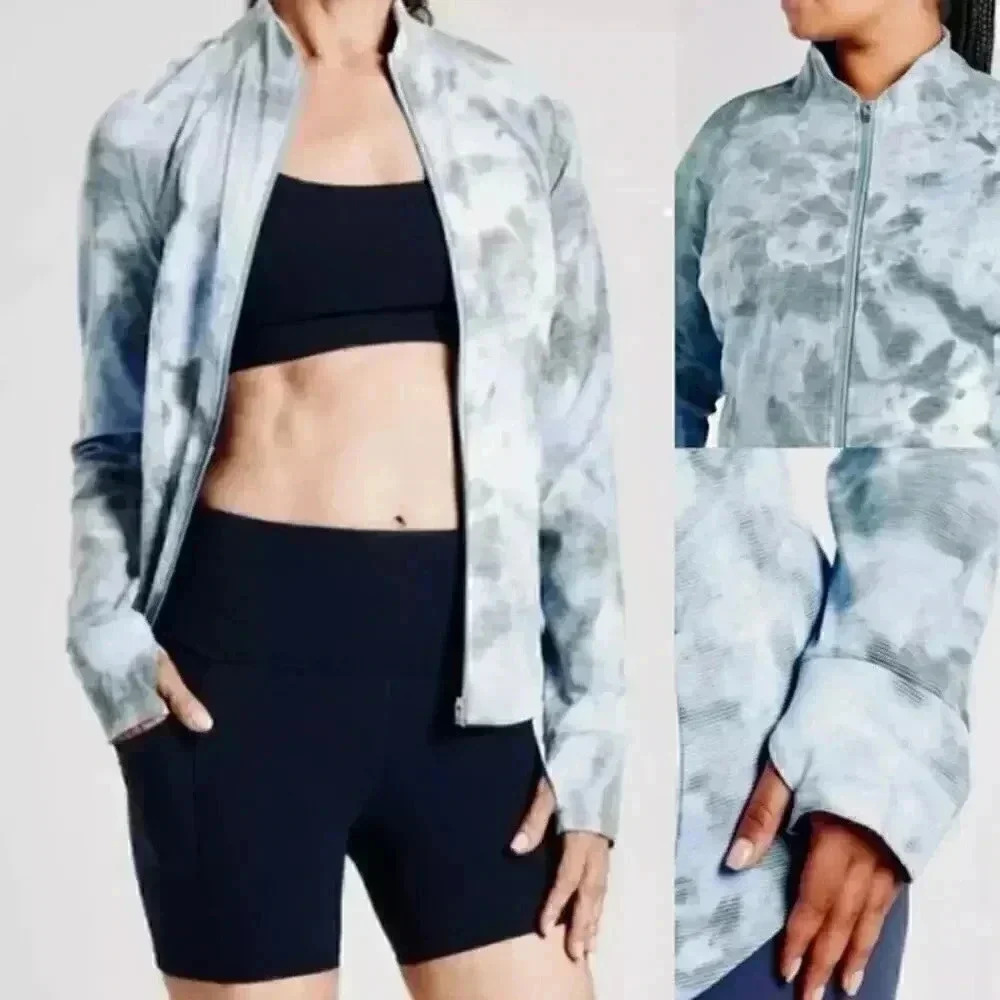 Athleta Women's Blue Gray Stripped Full Zip Thumbhole Jacket‎ Small